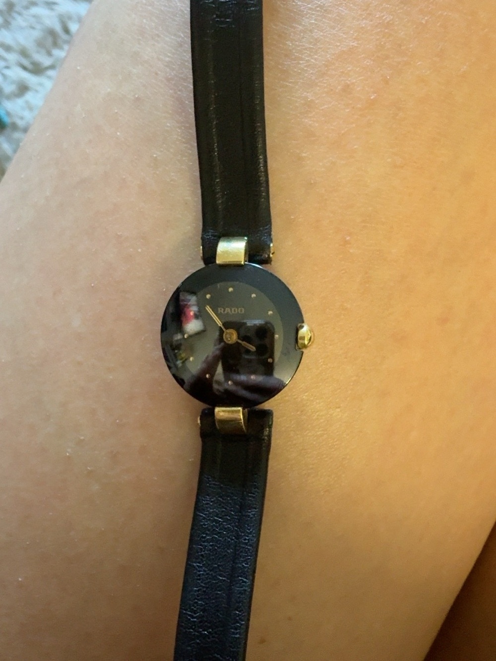 Rado Black Dial Women's Watch with Gold Accents and Black Leather Strap